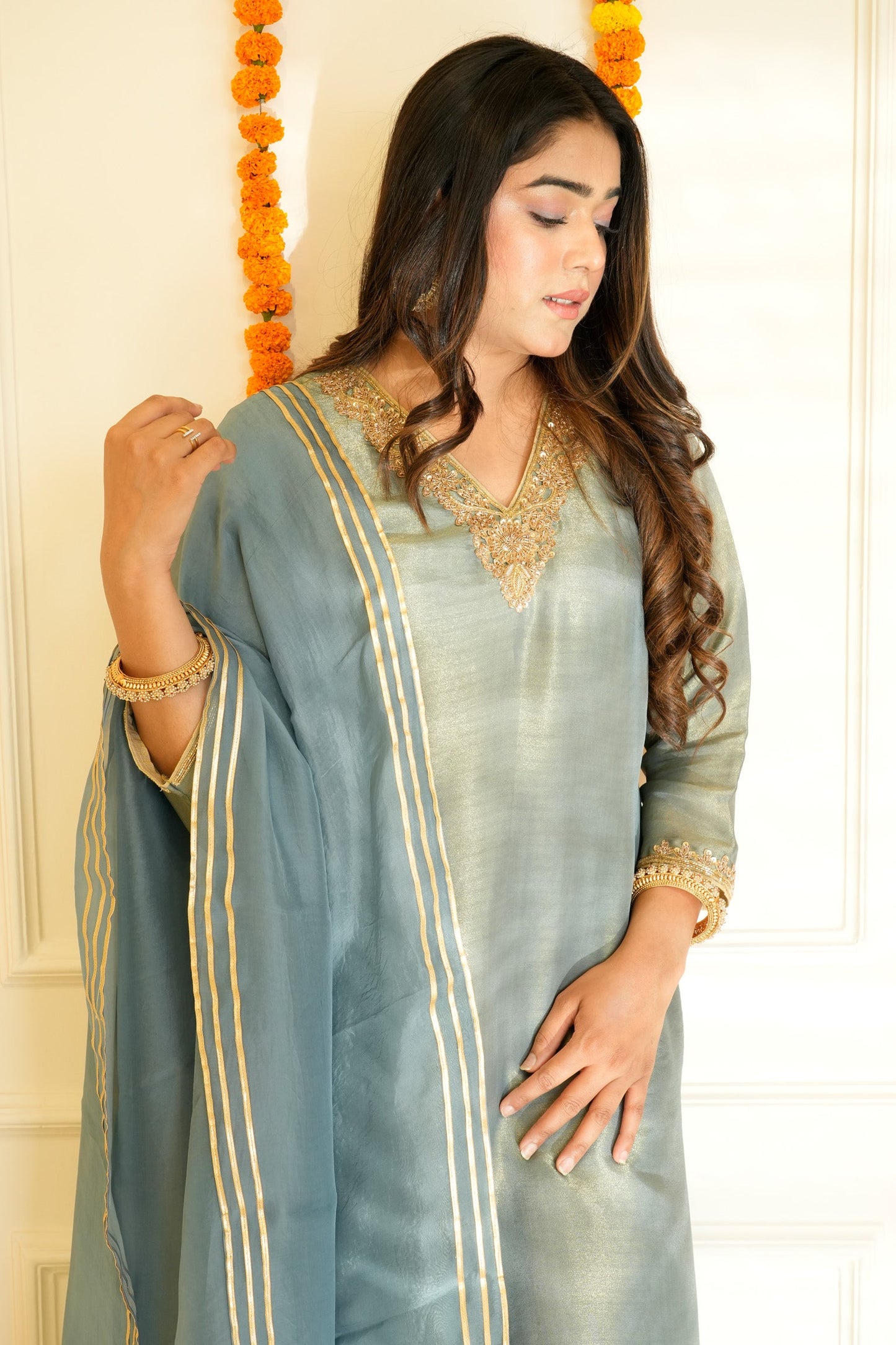 Grey Pure Tissue Silk Embroidery Suit Set