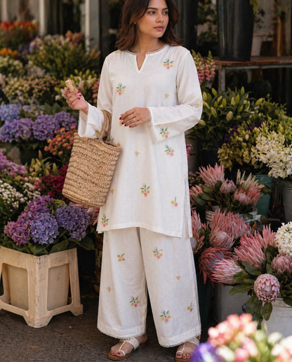 Multicolor embroidered floral kora cotton farshi set
