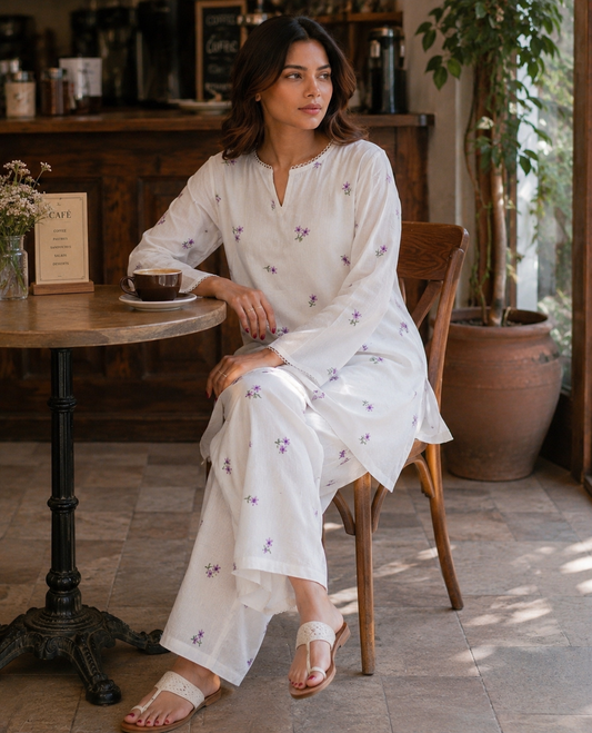 Lilac embroidered kora cotton Farshi set