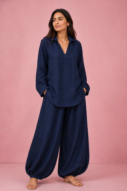 Navy Blue Co-Ord Set with Flowy Balloon Pants