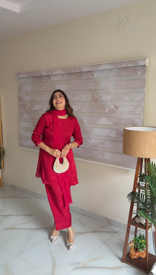 Wine Red Crepe Kurta Set with Dupatta