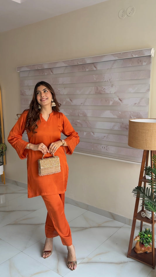 Rust Orange Coord Set with Organza & Lace Detailing