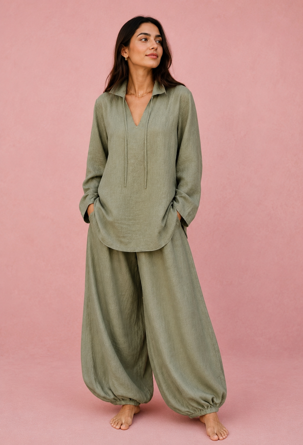 Olive Blue Co-Ord Set with Flowy Balloon Pants (Copy)