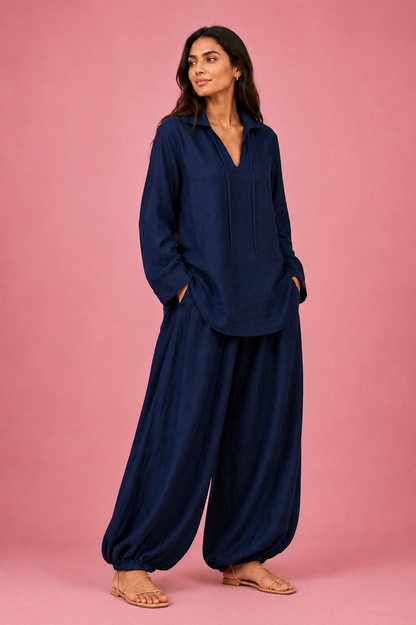 Navy Blue Co-Ord Set with Flowy Balloon Pants