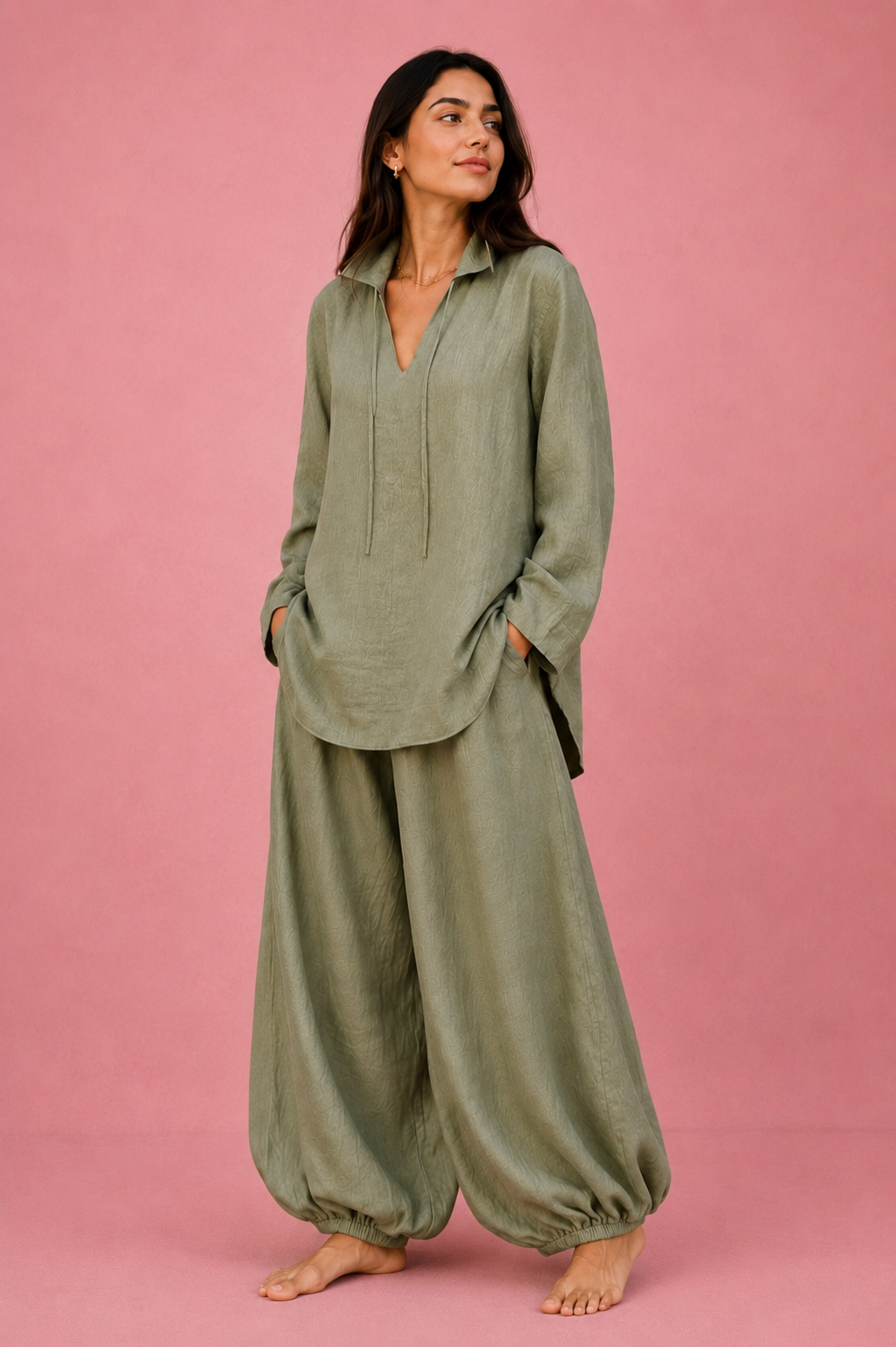 Olive Blue Co-Ord Set with Flowy Balloon Pants (Copy)
