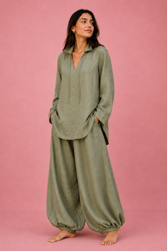 Olive Blue Co-Ord Set with Flowy Balloon Pants (Copy)