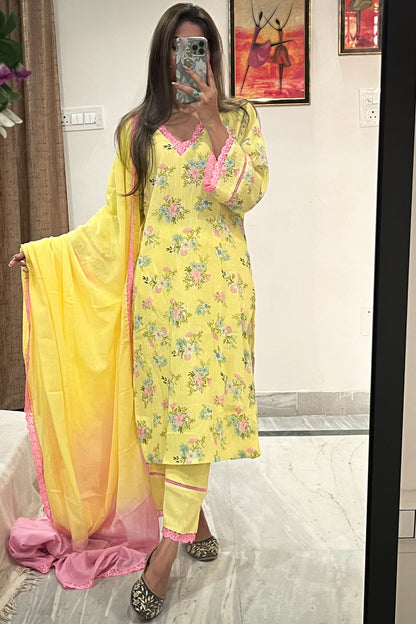 Soft Crush Cotton Floral Suit Set with Pure Mulmul Dupatta