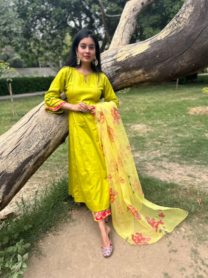 Pure Cotton Suit Set with Floral Organza Dupatta