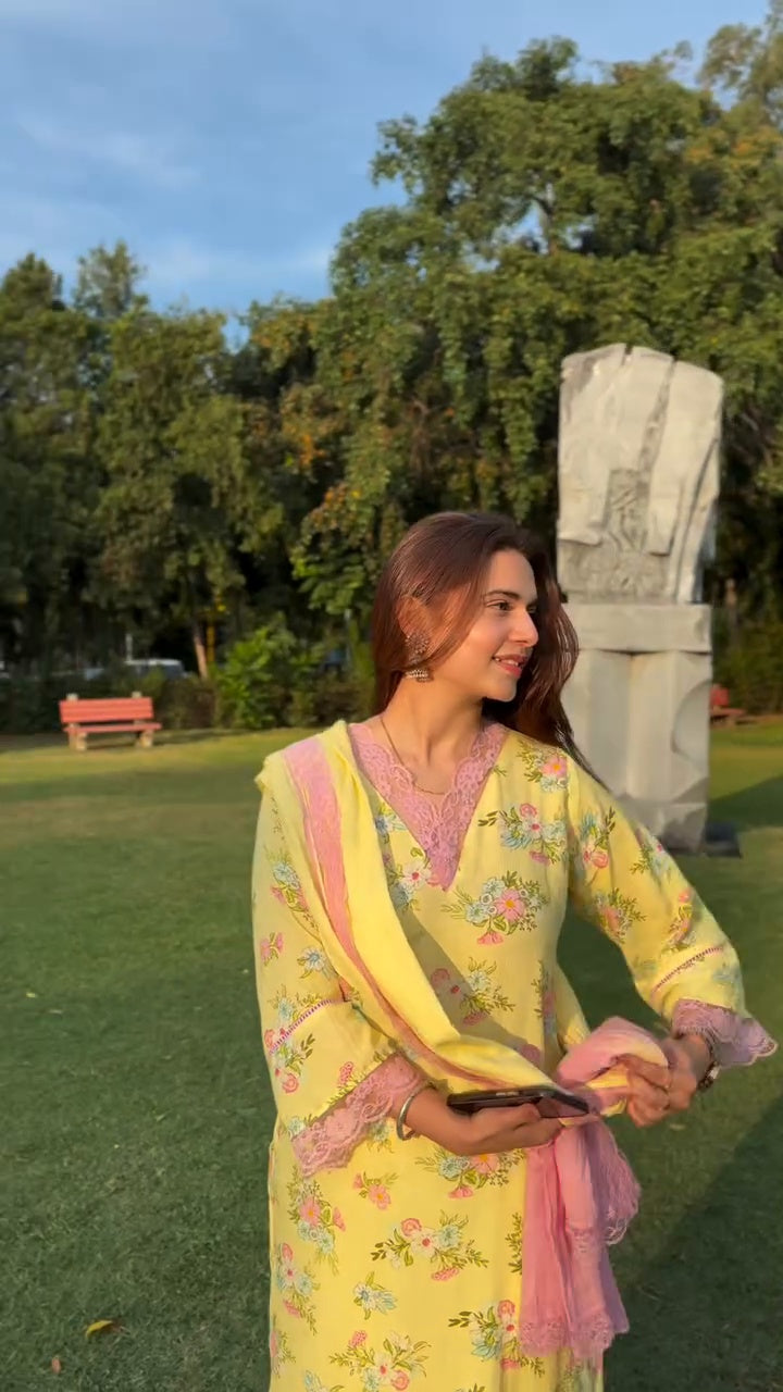 Soft Crush Cotton Floral Suit Set with Pure Mulmul Dupatta