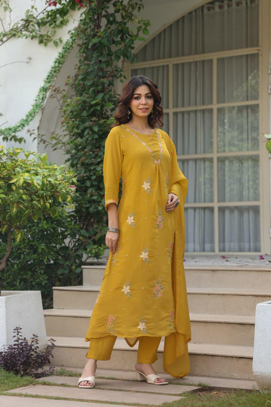 Mustard Mul chanderi set