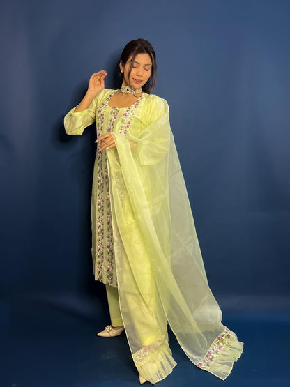 Light green Chanderi Embroidered Pakistani Suit