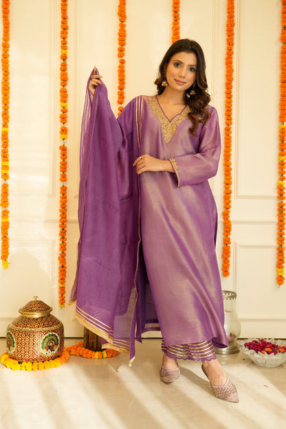 Purple Pure Tissue Silk Embroidery Suit Set