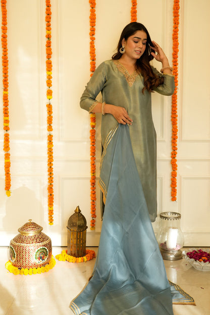 Grey Pure Tissue Silk Embroidery Suit Set