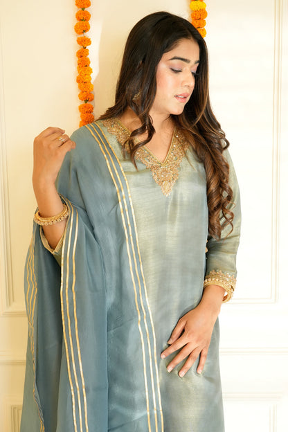 Grey Pure Tissue Silk Embroidery Suit Set
