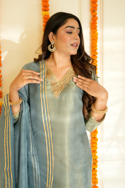 Grey Pure Tissue Silk Embroidery Suit Set